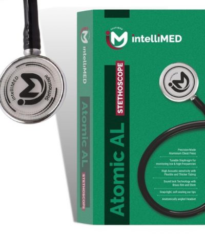 intelliMED Atomic Stethoscope, 1100 series Aerospace grade chest piece with superior sound, sensitivity, clarity, strength and corrosion resistance, 2 Year Warranty (Black)